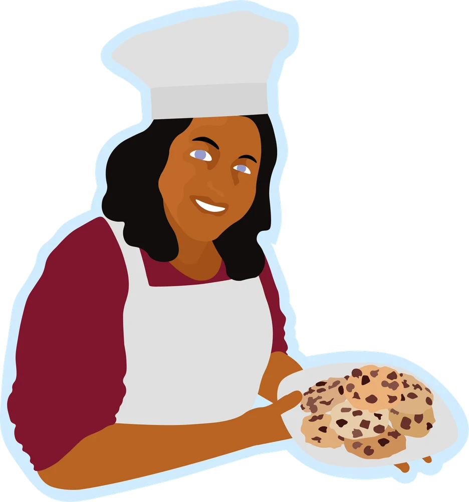 Illustration de maman en toque de chef, tenant une assiette de cookies